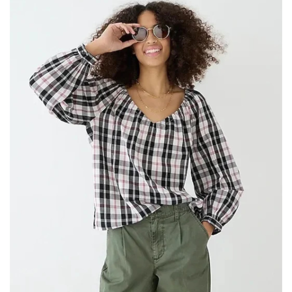 J. Crew Women's V-neck Top in Friday Plaid 3X Black White Purple Tie Back EUC!